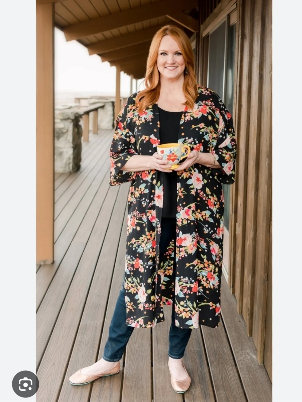 The Pioneer Woman Black Floral Open Duster with Orange and Pink Blooms